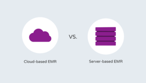 Graphic showing images for cloud-based EMR and server-based EMR.