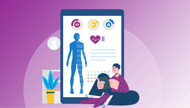 Illustration of a tablet with various general medical images and layouts depicting medical data entry.