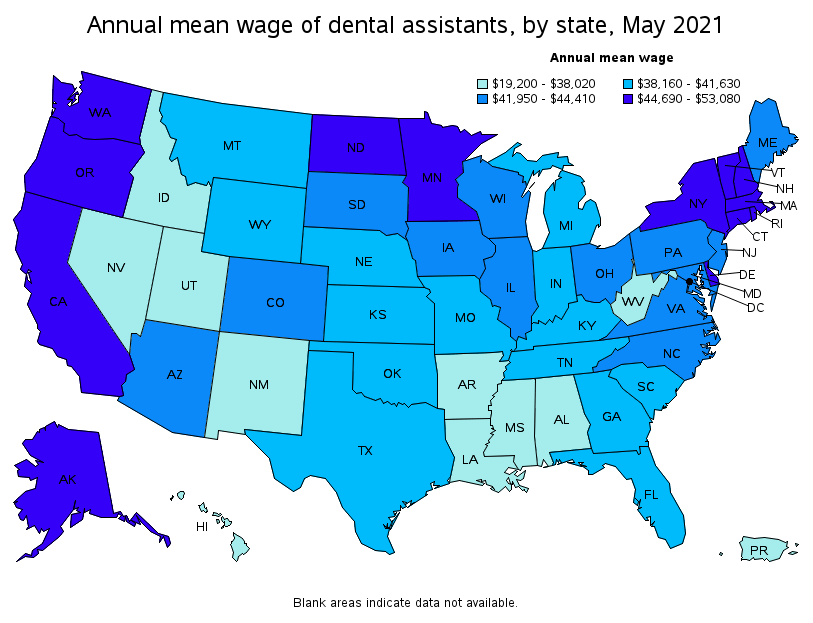 Map showing how much dental assistants earn in the US by state