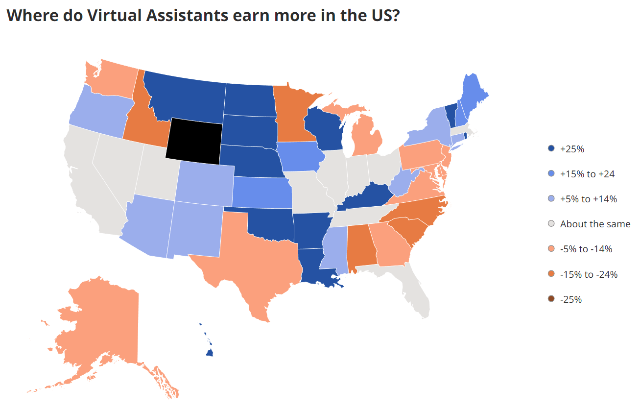 Map showing in which states virtual assistants earn higher and lower salaries in the US