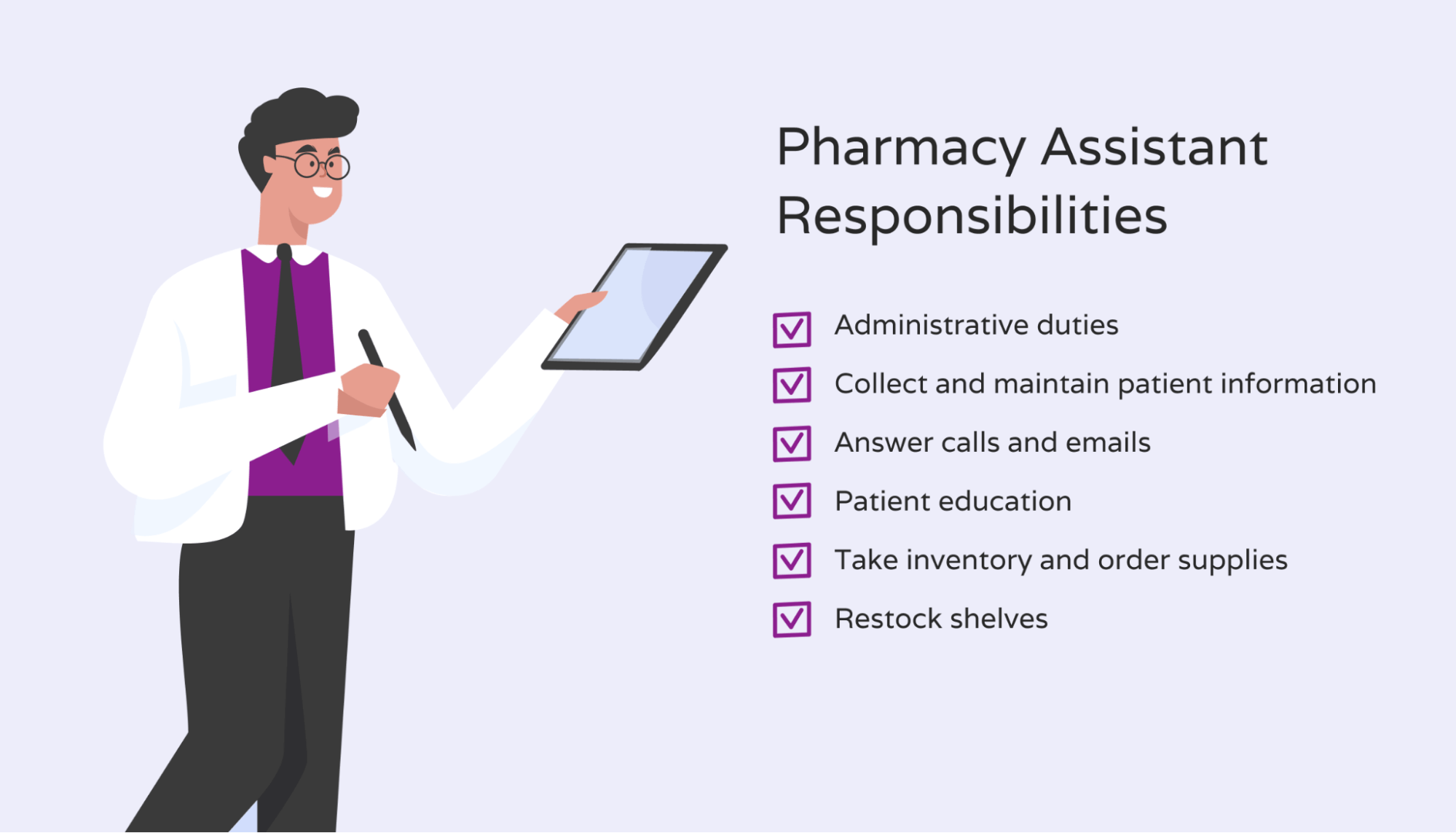List of pharmacy assistant responsibilities.