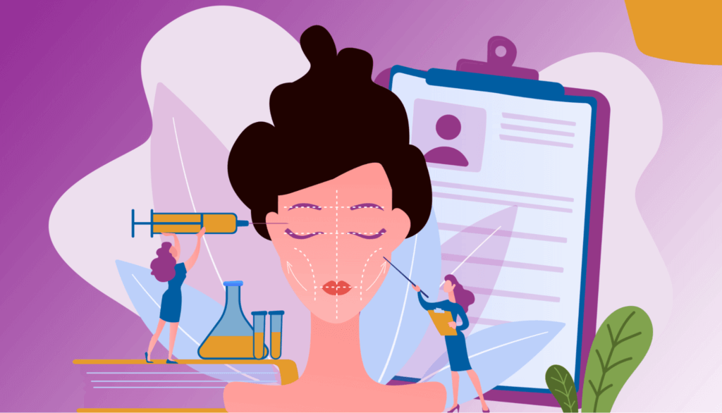 Illustration of a plastic surgery medical assistant creating surgery lines