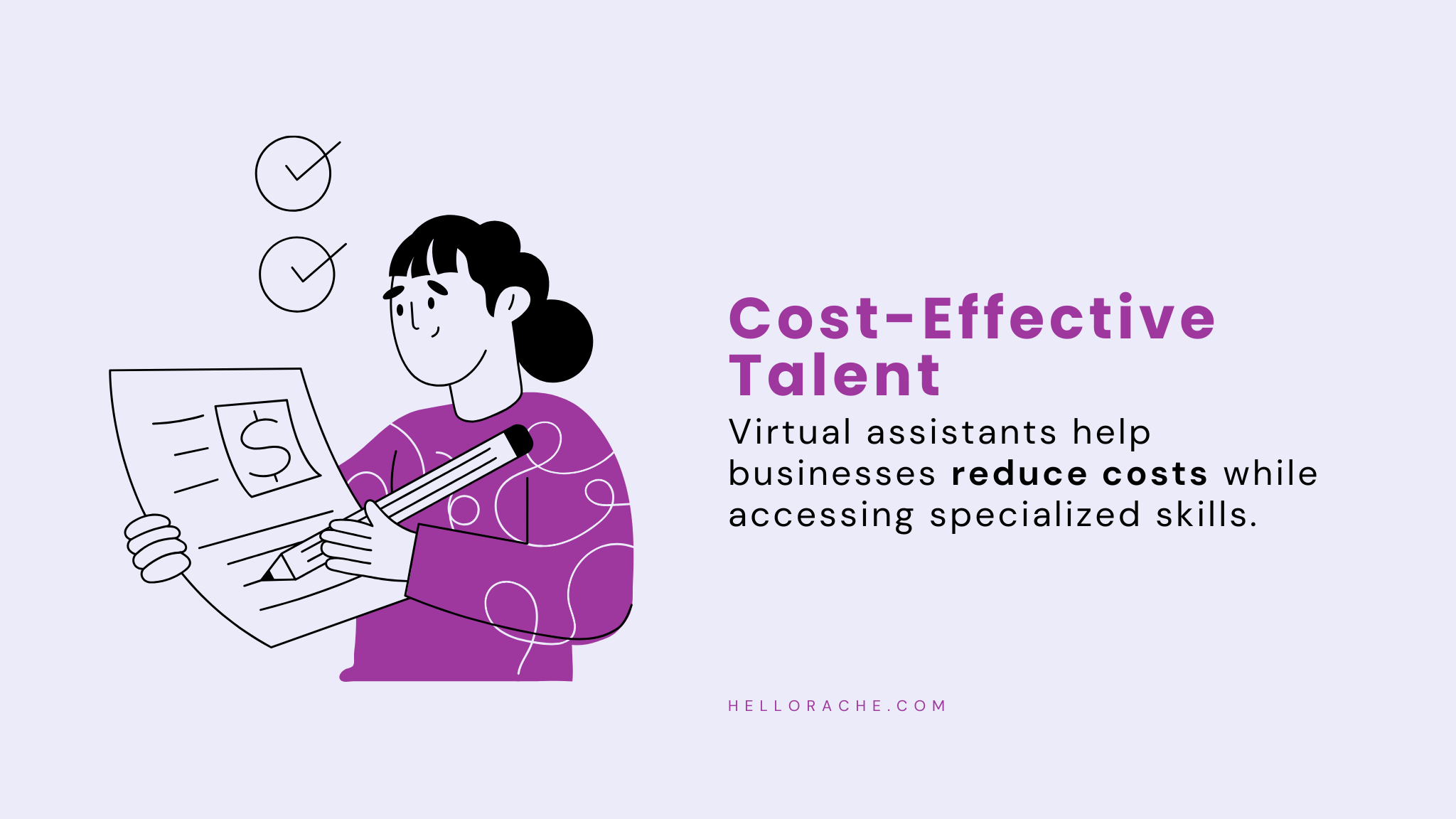 Infographic illustrating how virtual assistants offer cost-effective talent by reducing business costs and providing access to specialized skills globally.