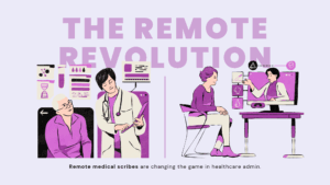 Split screen showing a hospital scene and a remote assistant with a headset, illustrating how remote medical scribes are transforming healthcare administration.