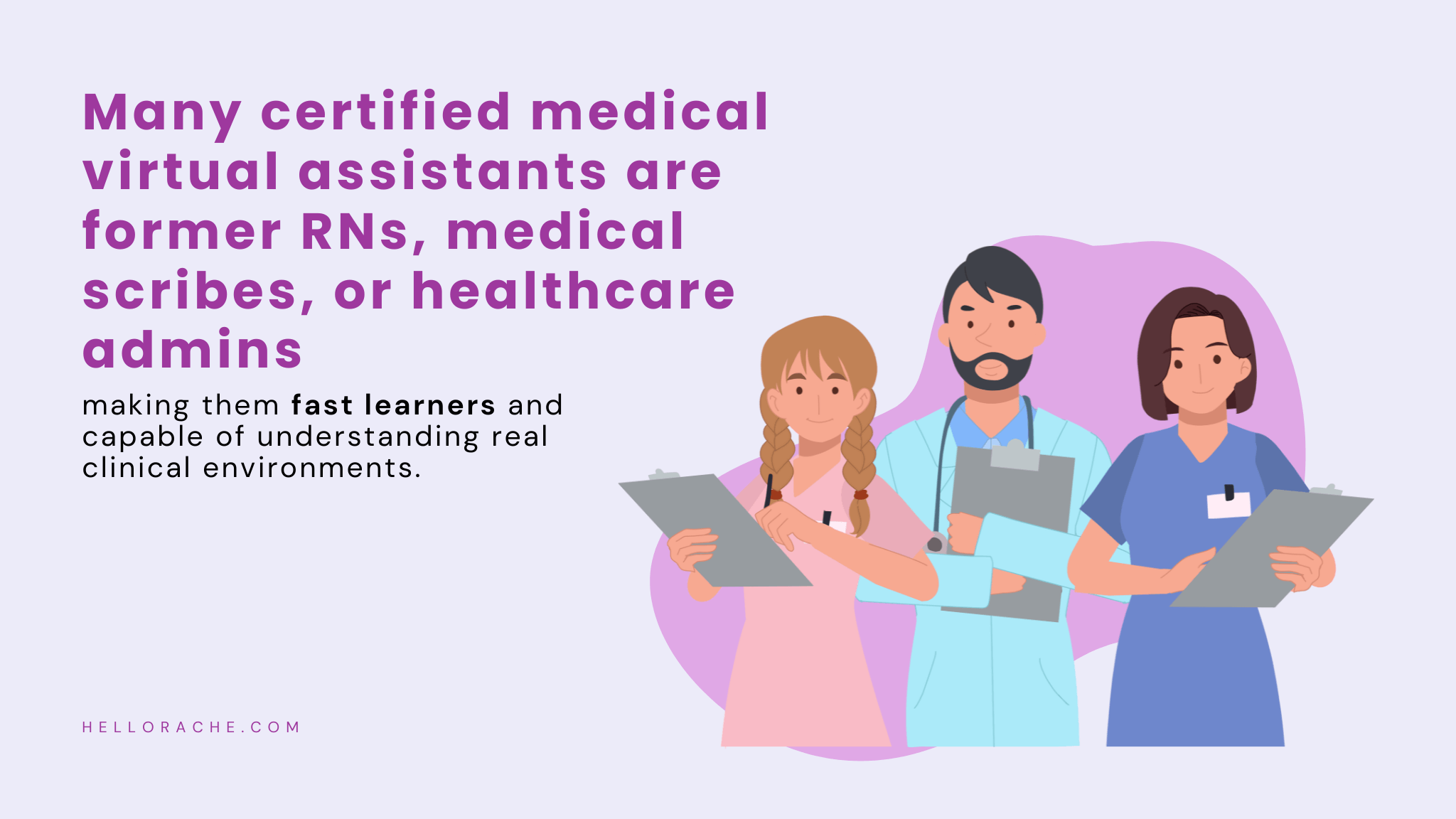 Infographic showing the professional backgrounds of certified medical virtual assistants, including former nurses, medical scribes, and healthcare administrators, highlighting their clinical experience and readiness to support healthcare practices remotely.