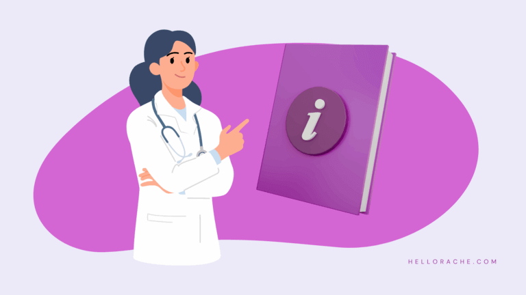 A smiling female physician in a white coat with a stethoscope around her neck points to a large purple book. The book has a white information icon on its cover. This image is a cover for a blog post titled "The Physician's Guide to a More Efficient Practice with an Outsourced Virtual Receptionist" and the website "hellorachetest.wpengine.com" is visible in the bottom right corner.