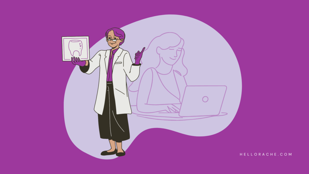 A smiling female dentist in a lab coat holding a tooth X-ray, with a translucent virtual receptionist working on a laptop in the background.