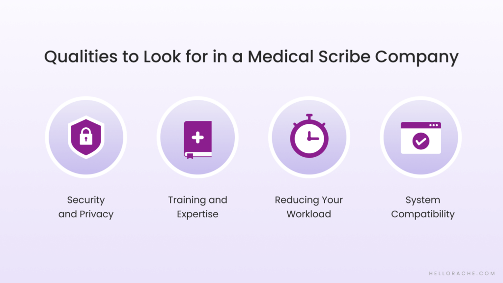 Infographic showing what to look for in a medical scribe company