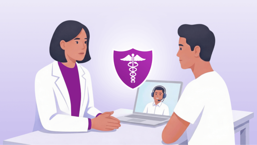 Image showing a healthcare professional and client meeting along with a HIPAA-compliant virtual medical assistant on a laptop computer on the desk