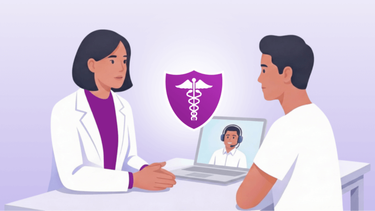 Image showing a healthcare professional and client meeting along with a HIPAA-compliant virtual medical assistant on a laptop computer on the desk